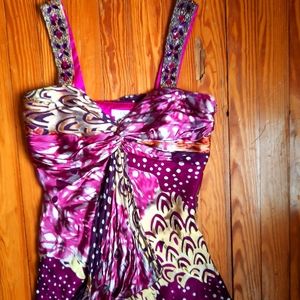 Cache silk sleeveless rhinestone cocktail blouse